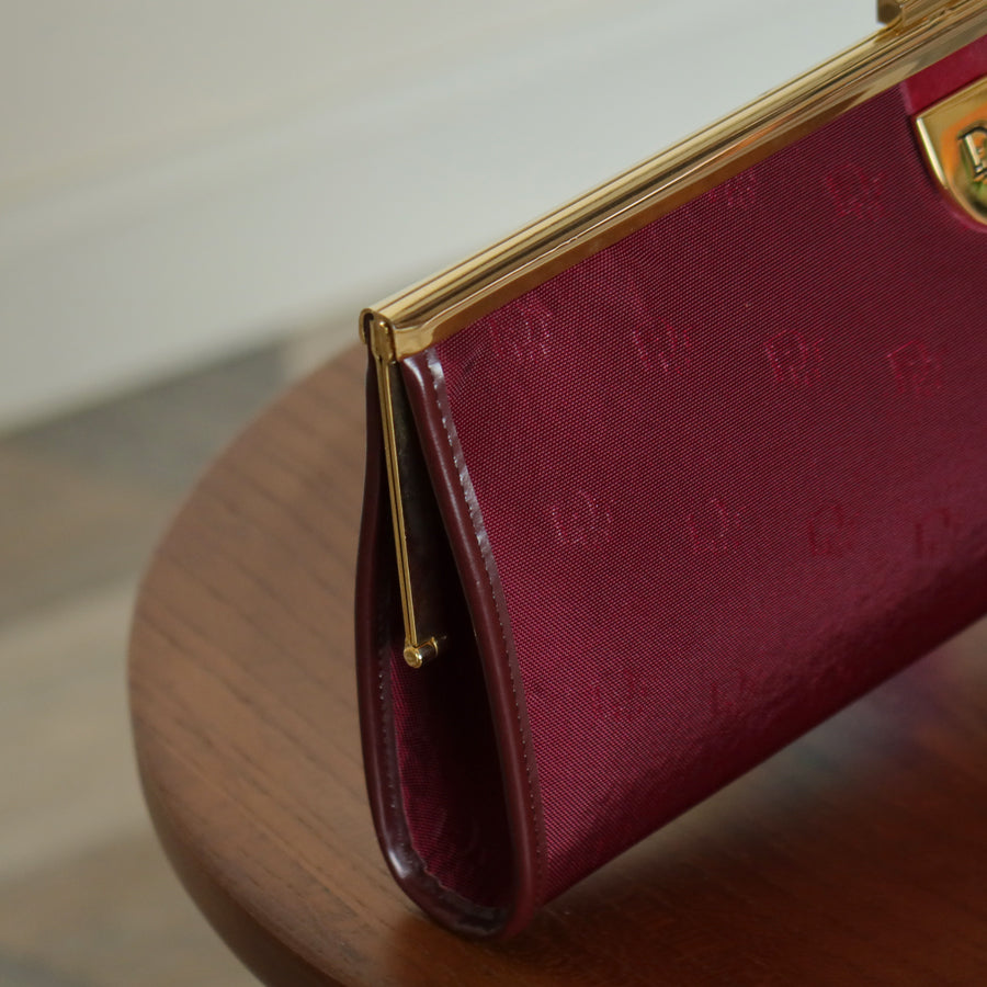 Christian Dior Vintage Dark Maroon Burgundy Monogram Kiss lock Clutch Bag