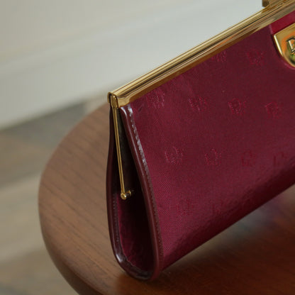 Christian Dior Vintage Dark Maroon Burgundy Monogram Kiss lock Clutch Bag