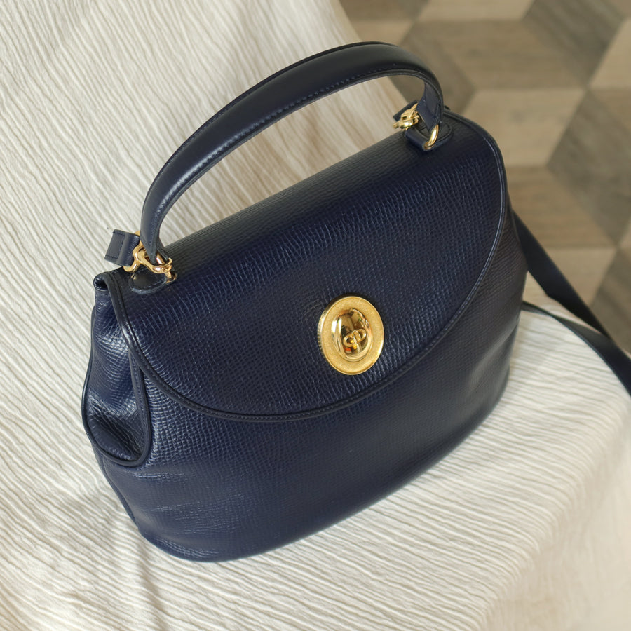 Christian Dior Vintage Dark Navy CD Gold oval medallion 2way Shoulder Flap Bag