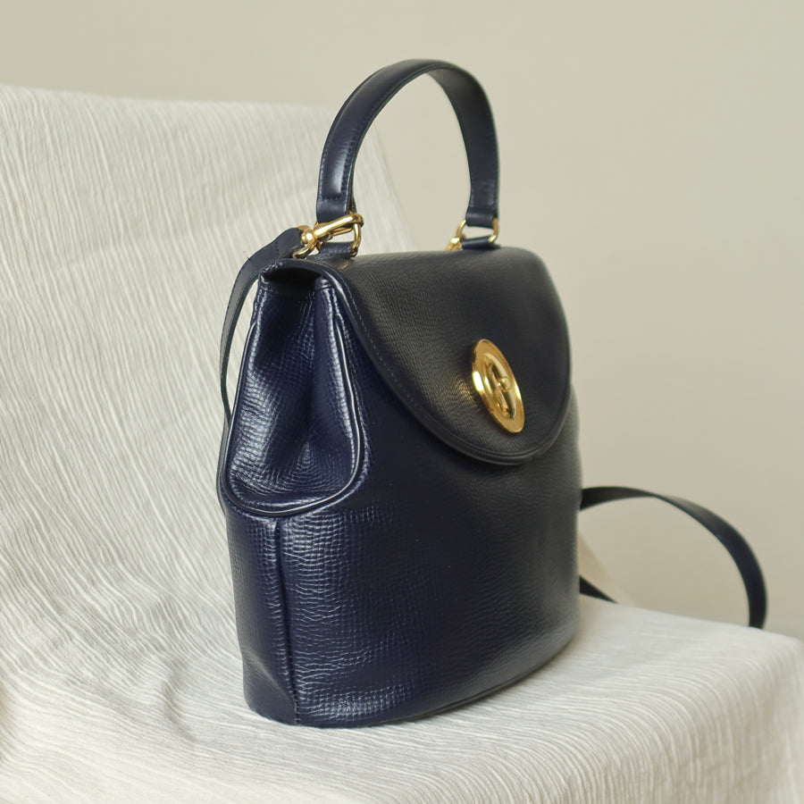 Christian Dior Vintage Dark Navy CD Gold oval medallion 2way Shoulder Flap Bag