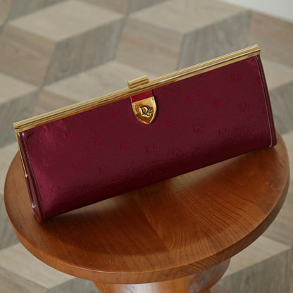 Christian Dior Vintage Dark Maroon Burgundy Monogram Kiss lock Clutch Bag