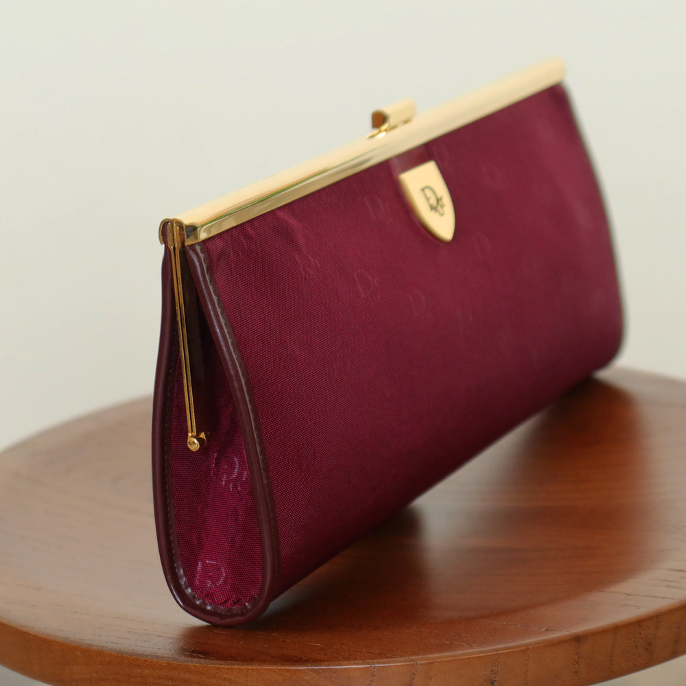 Christian Dior Vintage Dark Maroon Burgundy Monogram Kiss lock Clutch Bag