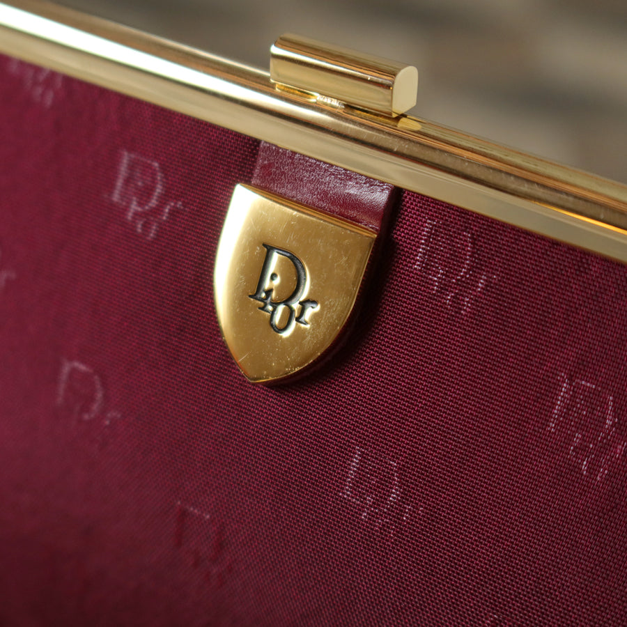Christian Dior Vintage Dark Maroon Burgundy Monogram Kiss lock Clutch Bag