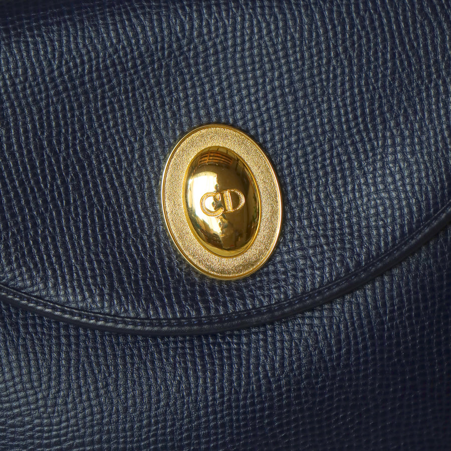 Christian Dior Vintage Dark Navy CD Gold oval medallion 2way Shoulder Flap Bag