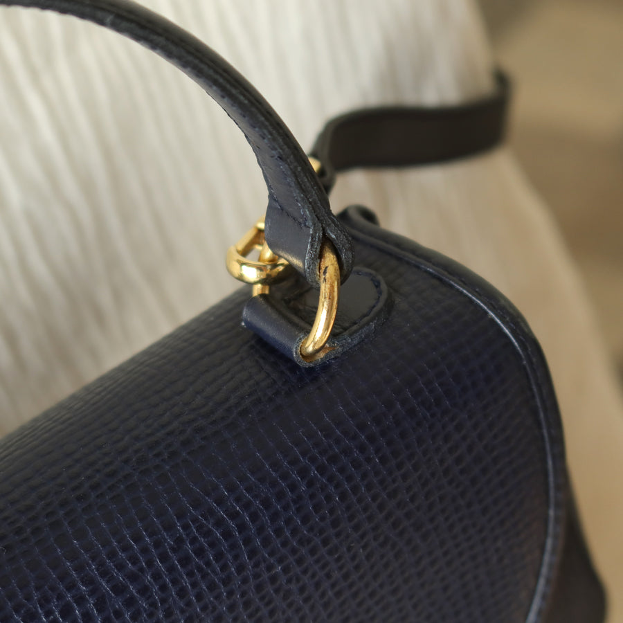 Christian Dior Vintage Dark Navy CD Gold oval medallion 2way Shoulder Flap Bag