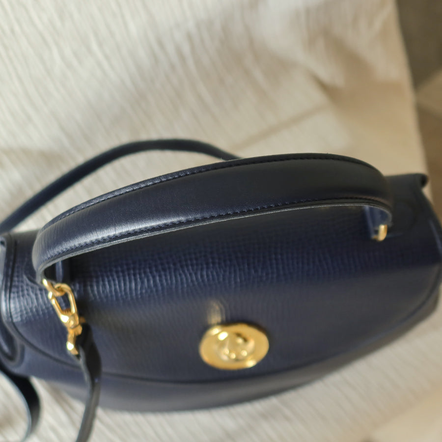 Christian Dior Vintage Dark Navy CD Gold oval medallion 2way Shoulder Flap Bag