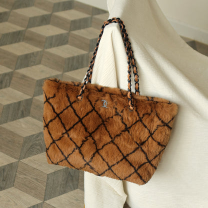 Rare Vintage Chanel Dark Brown Fur Quilted Prints Black Coco mark Shoulder Tote Bag