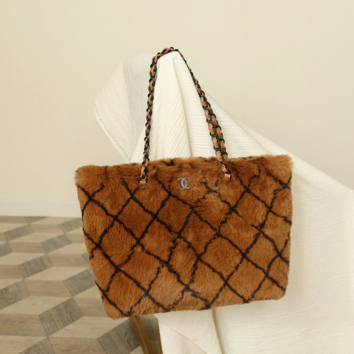 Rare Vintage Chanel Dark Brown Fur Quilted Prints Black Coco mark Shoulder Tote Bag