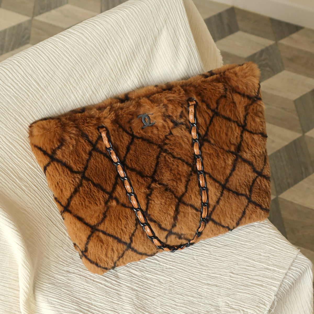 Rare Vintage Chanel Dark Brown Fur Quilted Prints Black Coco mark Shoulder Tote Bag