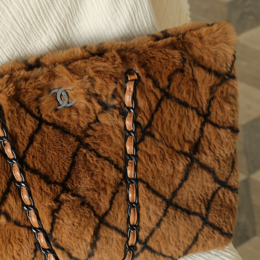 Rare Vintage Chanel Dark Brown Fur Quilted Prints Black Coco mark Shoulder Tote Bag