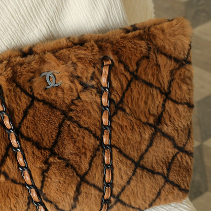 Rare Vintage Chanel Dark Brown Fur Quilted Prints Black Coco mark Shoulder Tote Bag