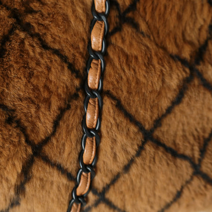 Rare Vintage Chanel Dark Brown Fur Quilted Prints Black Coco mark Shoulder Tote Bag