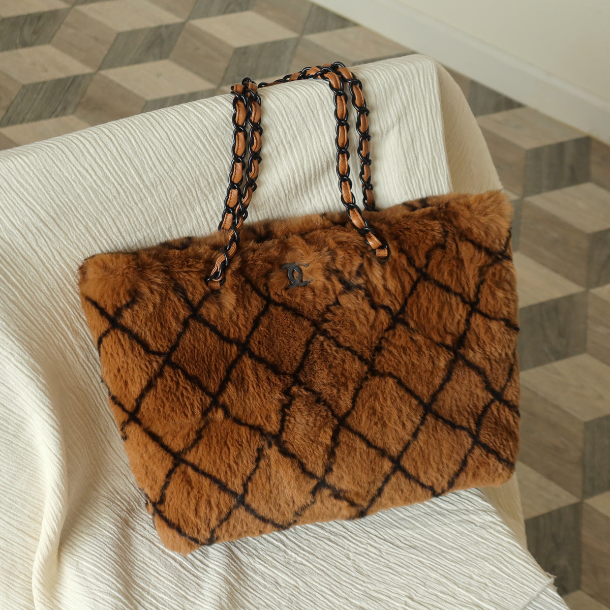 Rare Vintage Chanel Dark Brown Fur Quilted Prints Black Coco mark Shoulder Tote Bag