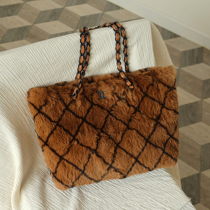 Rare Vintage Chanel Dark Brown Fur Quilted Prints Black Coco mark Shoulder Tote Bag