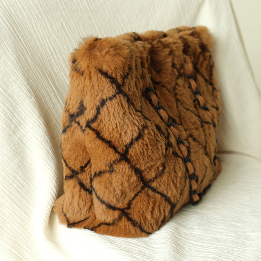 Rare Vintage Chanel Dark Brown Fur Quilted Prints Black Coco mark Shoulder Tote Bag