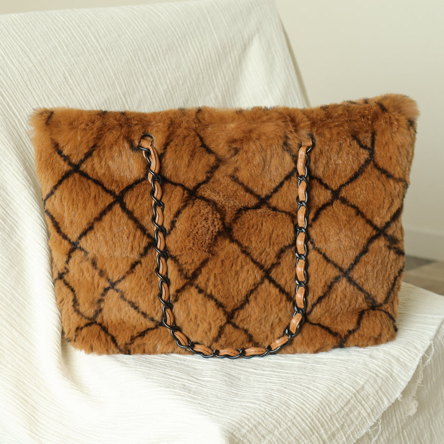 Rare Vintage Chanel Dark Brown Fur Quilted Prints Black Coco mark Shoulder Tote Bag