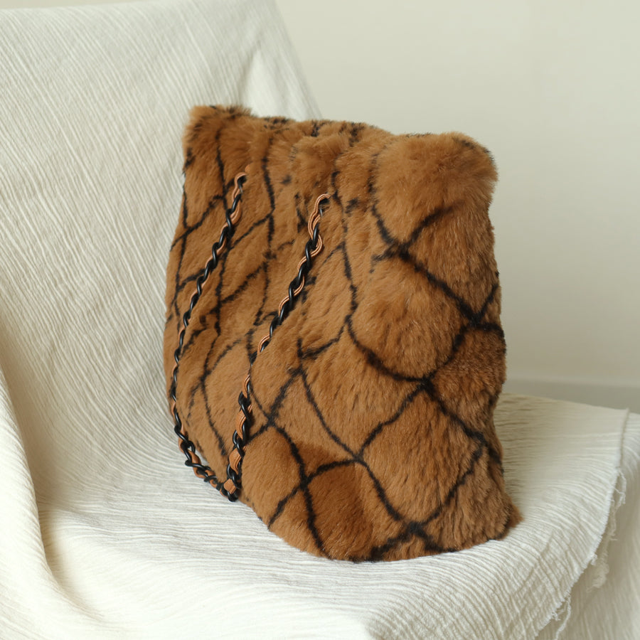 Rare Vintage Chanel Dark Brown Fur Quilted Prints Black Coco mark Shoulder Tote Bag