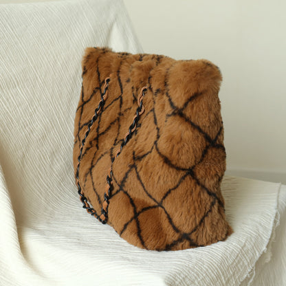 Rare Vintage Chanel Dark Brown Fur Quilted Prints Black Coco mark Shoulder Tote Bag