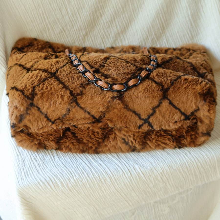 Rare Vintage Chanel Dark Brown Fur Quilted Prints Black Coco mark Shoulder Tote Bag
