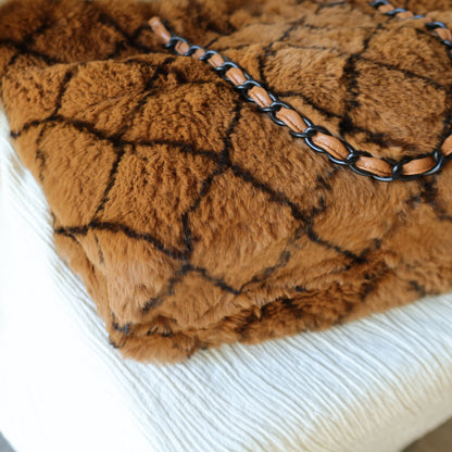 Rare Vintage Chanel Dark Brown Fur Quilted Prints Black Coco mark Shoulder Tote Bag