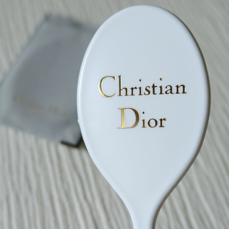 Rare Christian Dior Vintage White Small Handheld Beauty Mirror with Pocket