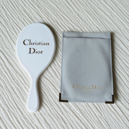 Rare Christian Dior Vintage White Small Handheld Beauty Mirror with Pocket
