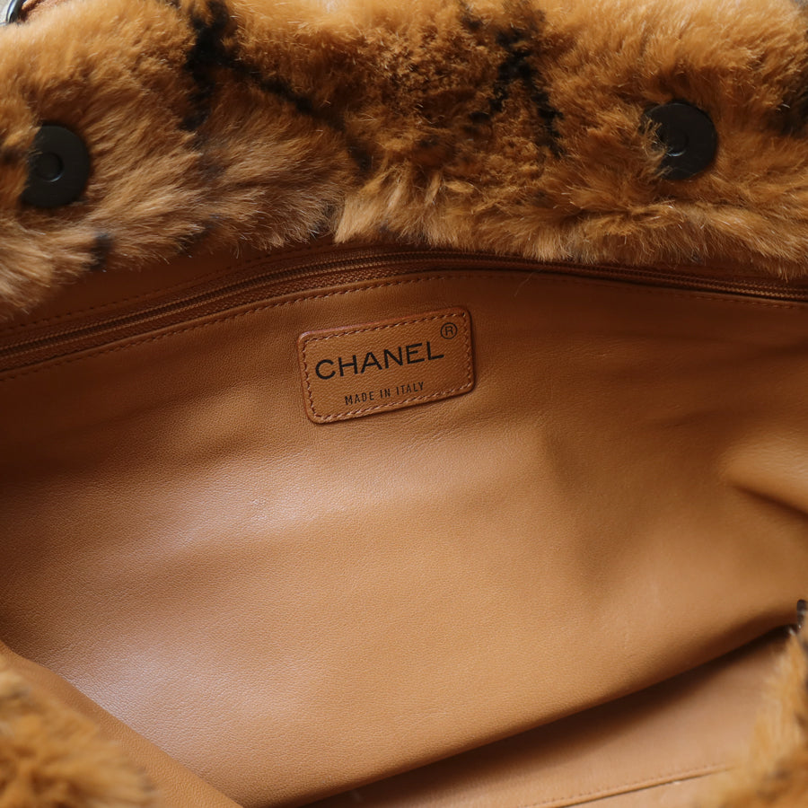 Rare Vintage Chanel Dark Brown Fur Quilted Prints Black Coco mark Shoulder Tote Bag