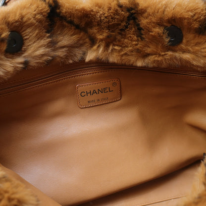 Rare Vintage Chanel Dark Brown Fur Quilted Prints Black Coco mark Shoulder Tote Bag