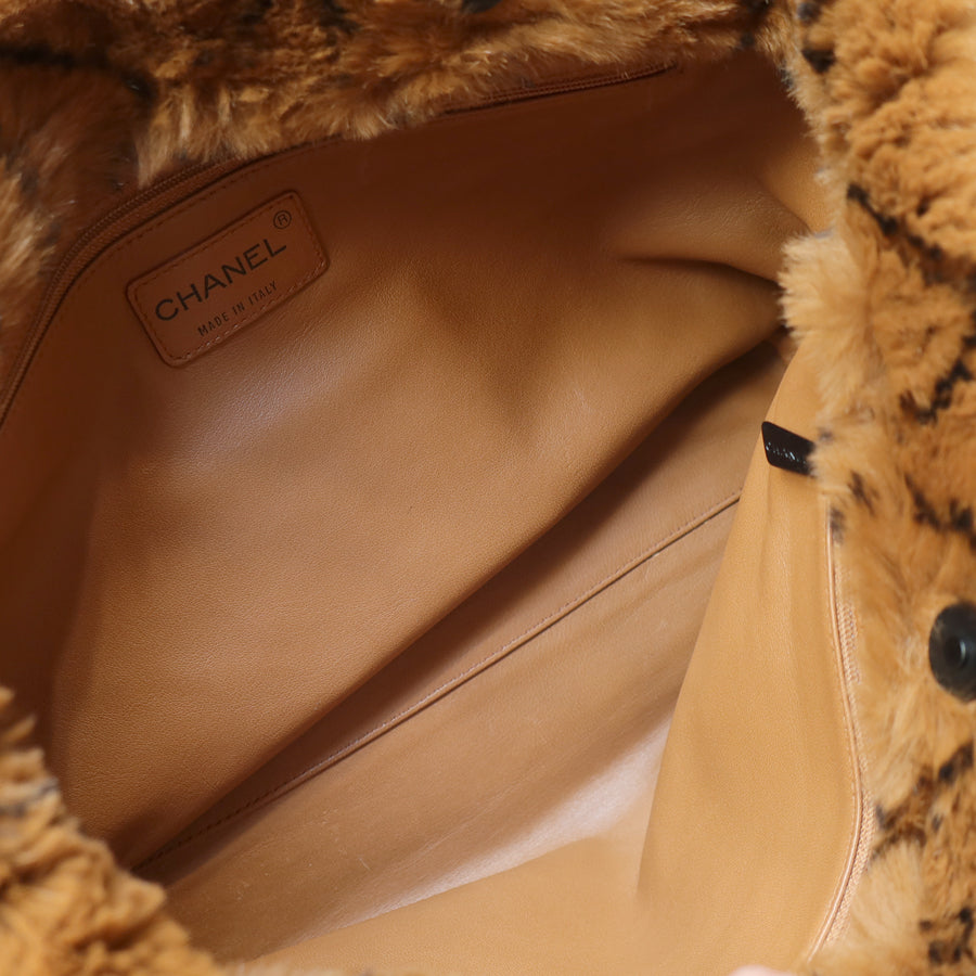 Rare Vintage Chanel Dark Brown Fur Quilted Prints Black Coco mark Shoulder Tote Bag