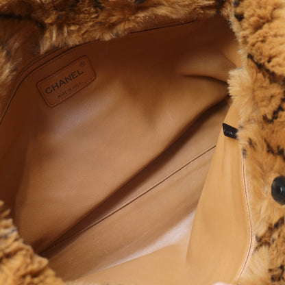 Rare Vintage Chanel Dark Brown Fur Quilted Prints Black Coco mark Shoulder Tote Bag
