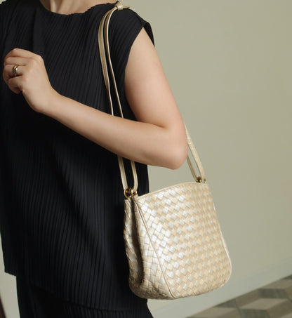 Vintage Bottega Veneta Shimmery Ivory Tri-color Intrecciato 2way Shoulder Bag