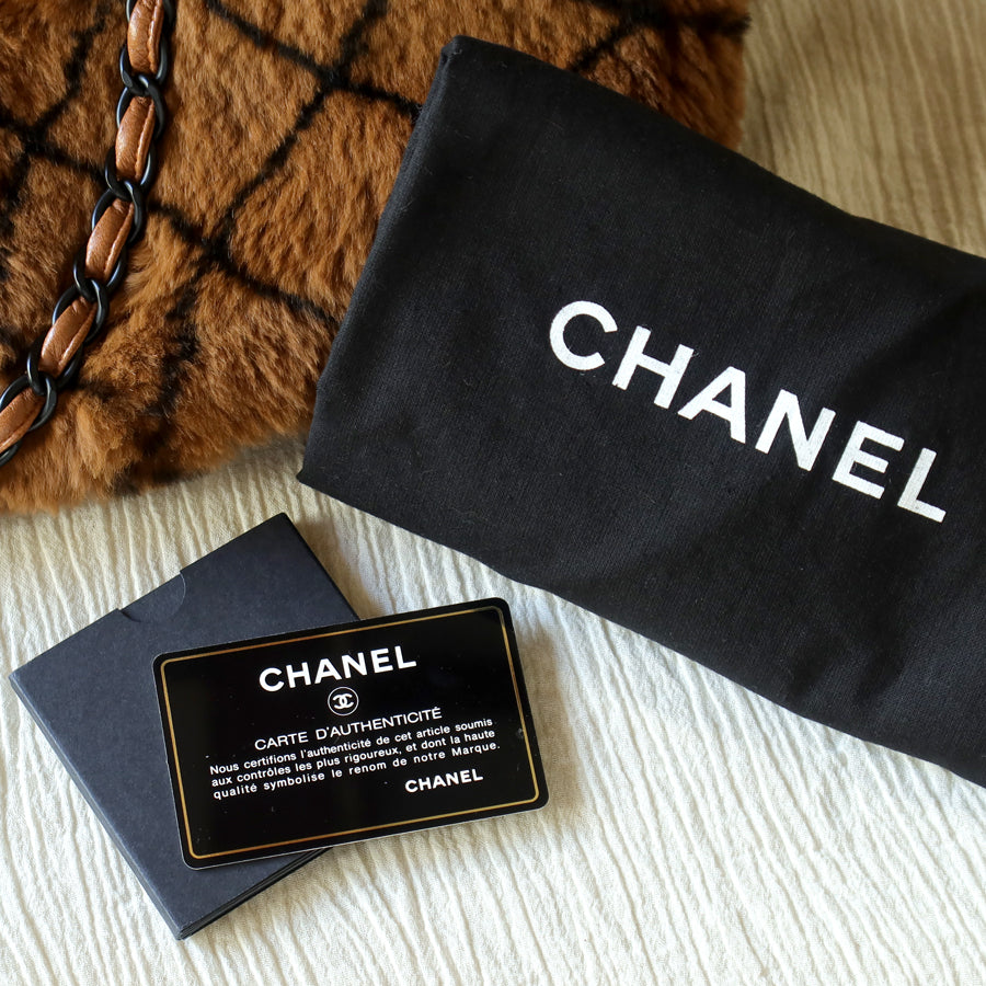 Rare Vintage Chanel Dark Brown Fur Quilted Prints Black Coco mark Shoulder Tote Bag