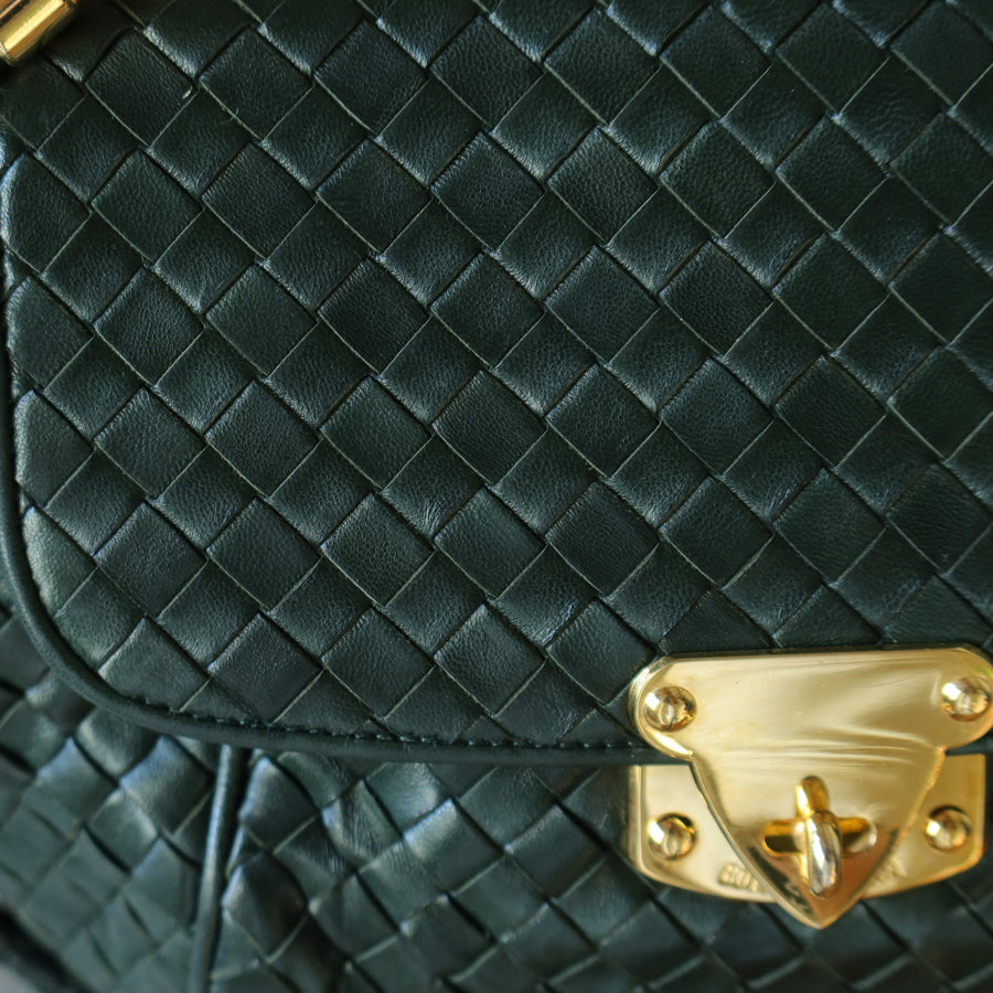 Bottega Veneta Vintage Alpi Green Intrecciato Gold Turn lock Braided Strap Shoulder Crossbody Bag