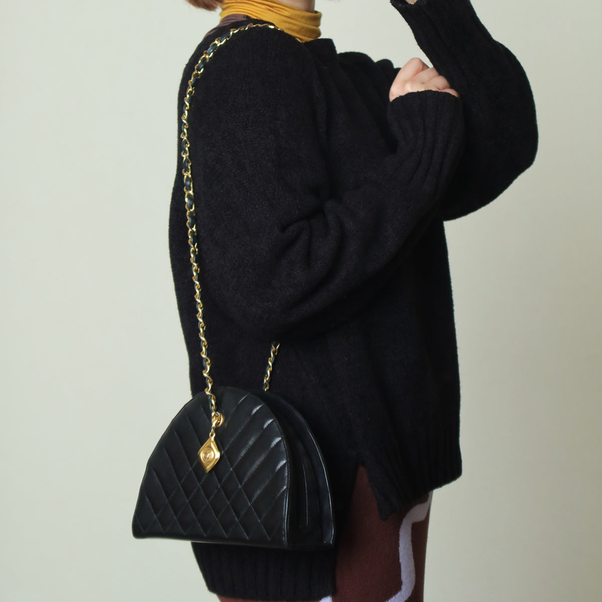 Chanel Vintage Black Lambskin Matelasse Quilted Half Moon Shoulder Bag
