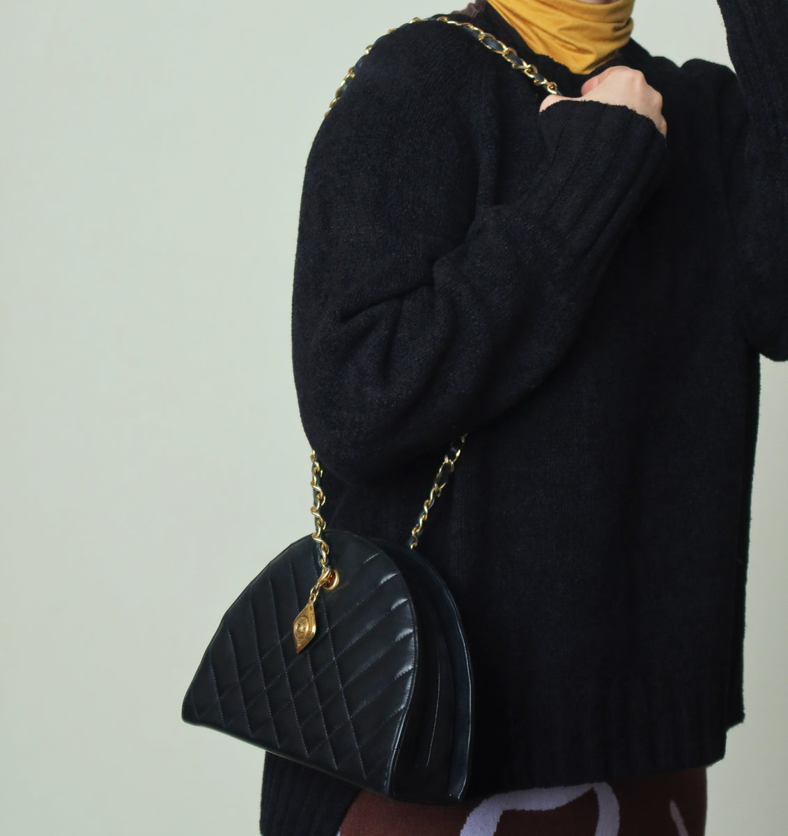Chanel Vintage Black Lambskin Matelasse Quilted Half Moon Shoulder Bag