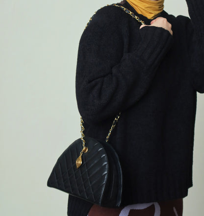 Chanel Vintage Black Lambskin Matelasse Quilted Half Moon Shoulder Bag