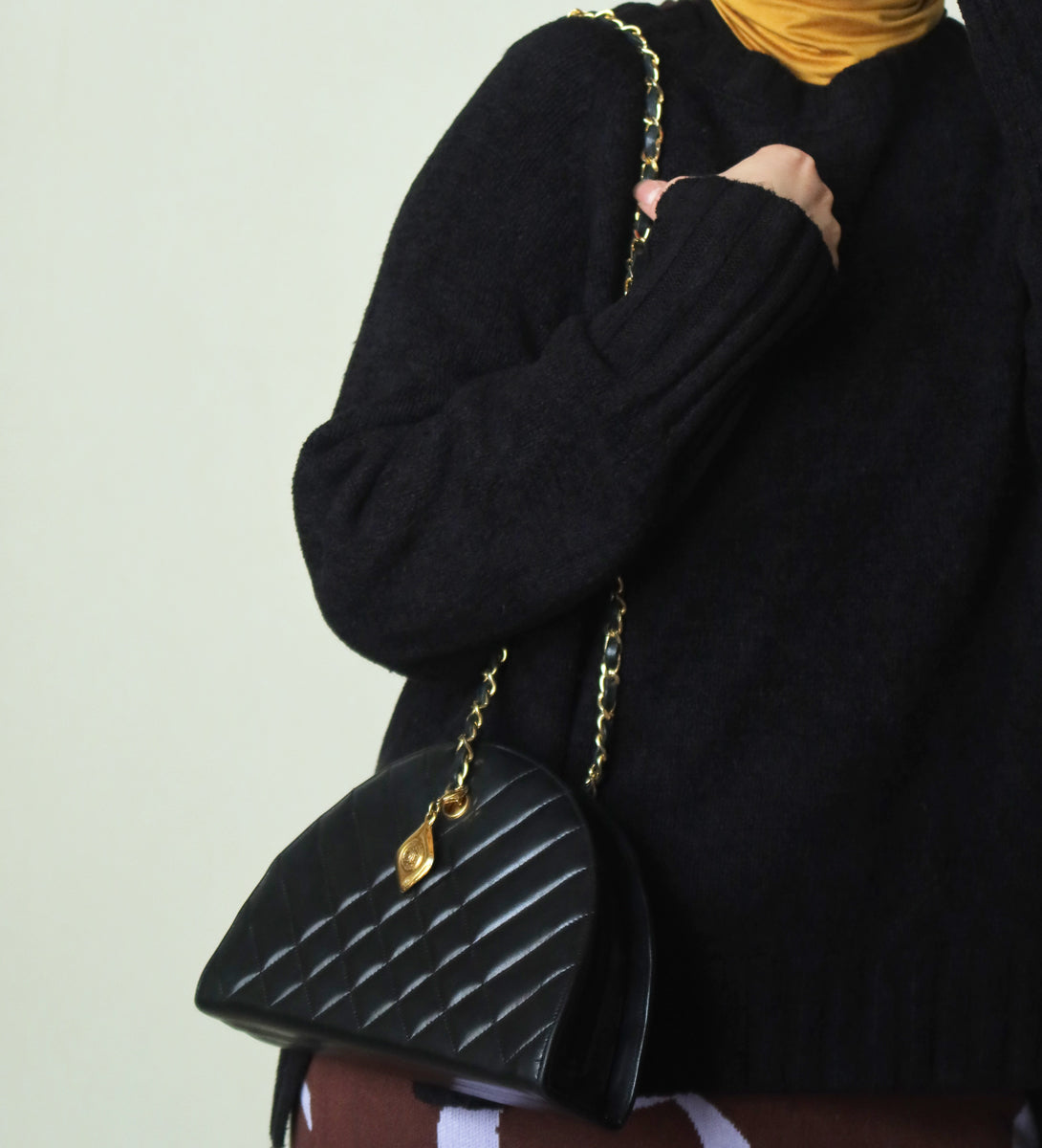 Chanel Vintage Black Lambskin Matelasse Quilted Half Moon Shoulder Bag