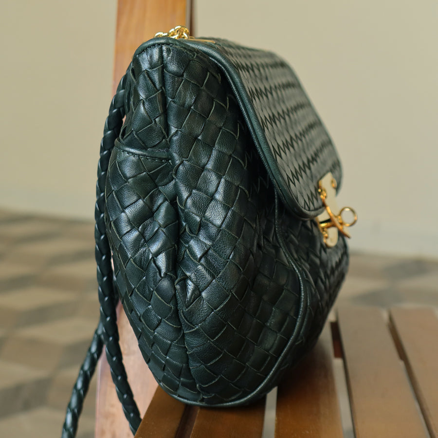 Bottega Veneta Vintage Alpi Green Intrecciato Gold Turn lock Braided Strap Shoulder Crossbody Bag