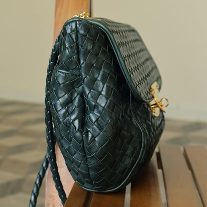Bottega Veneta Vintage Alpi Green Intrecciato Gold Turn lock Braided Strap Shoulder Crossbody Bag