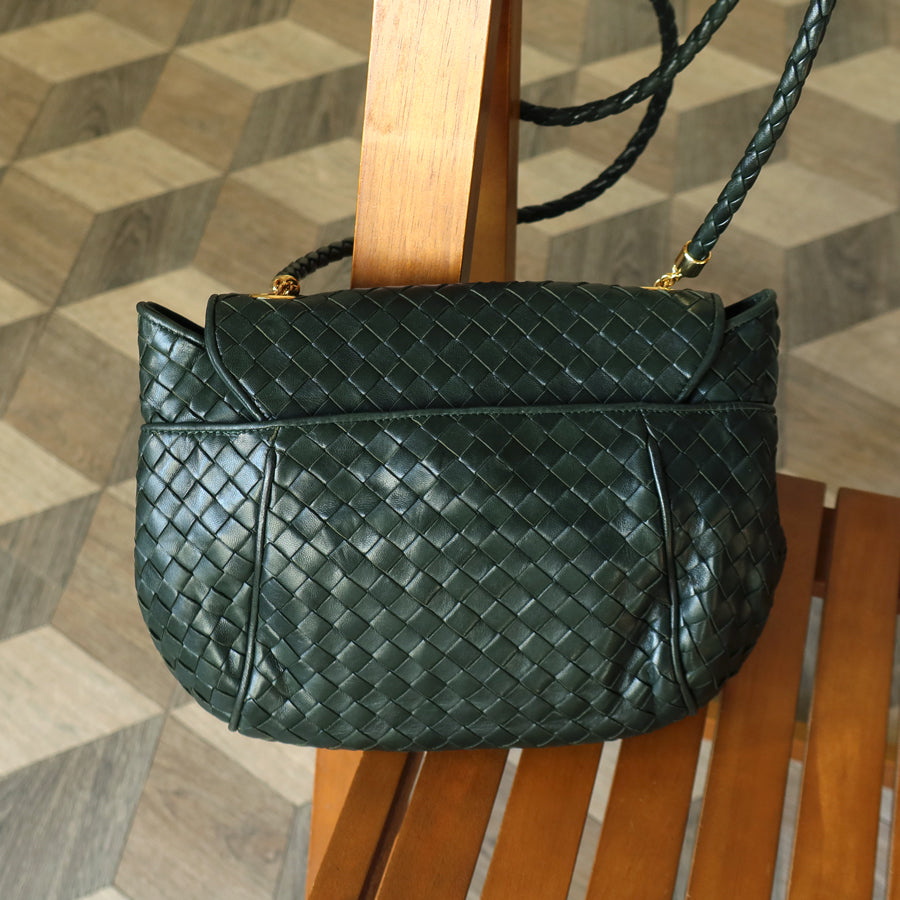 Bottega Veneta Vintage Alpi Green Intrecciato Gold Turn lock Braided Strap Shoulder Crossbody Bag
