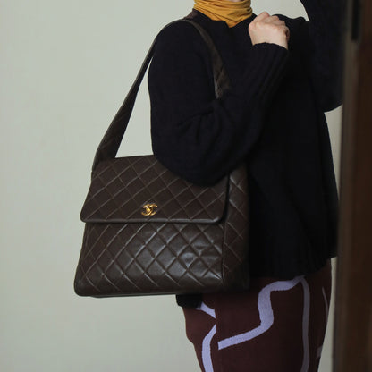 Vintage Chanel Dark Brown Caviar Leather Quilted CC turn lock Shoulder Flap Bag