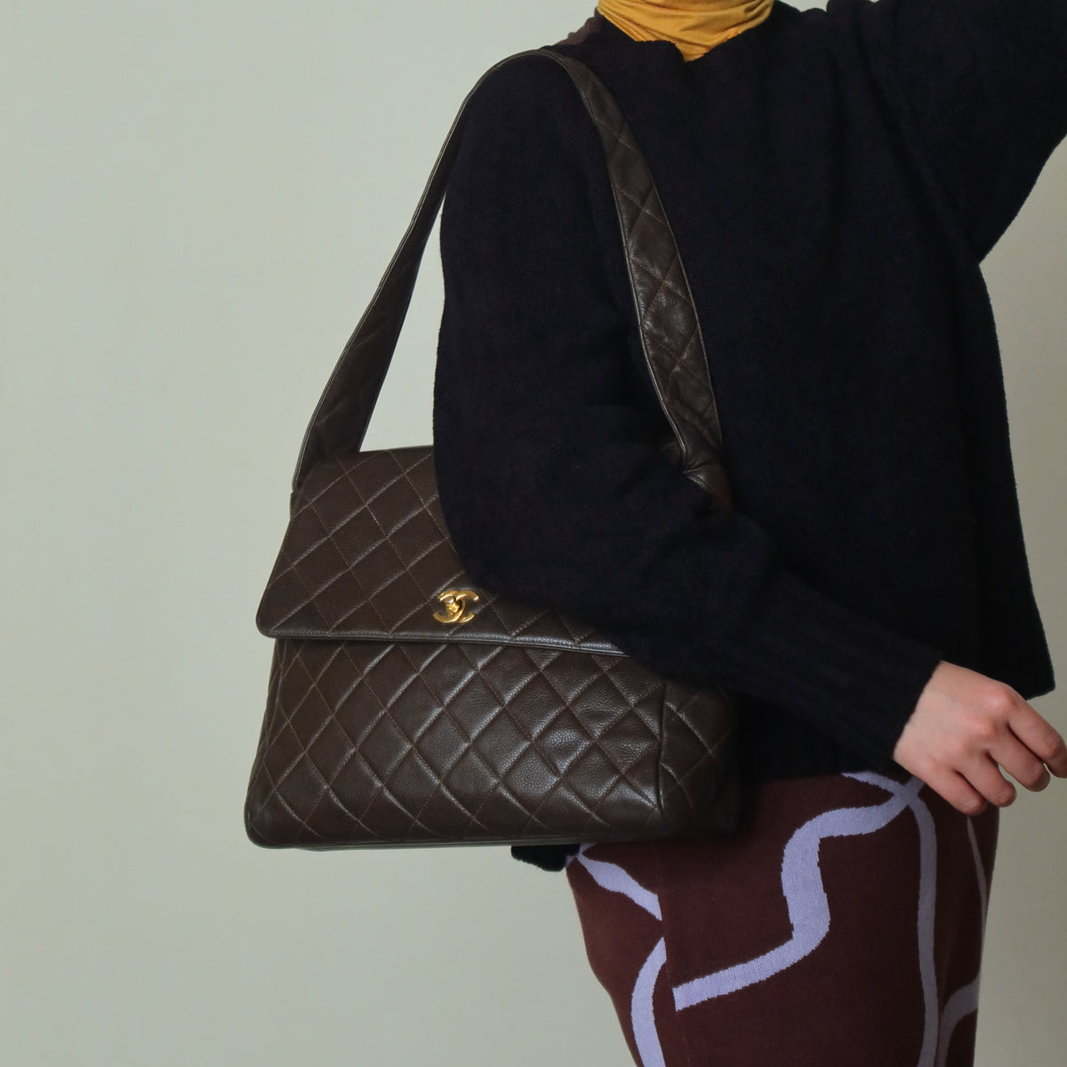 Vintage Chanel Dark Brown Caviar Leather Quilted CC turn lock Shoulder Flap Bag
