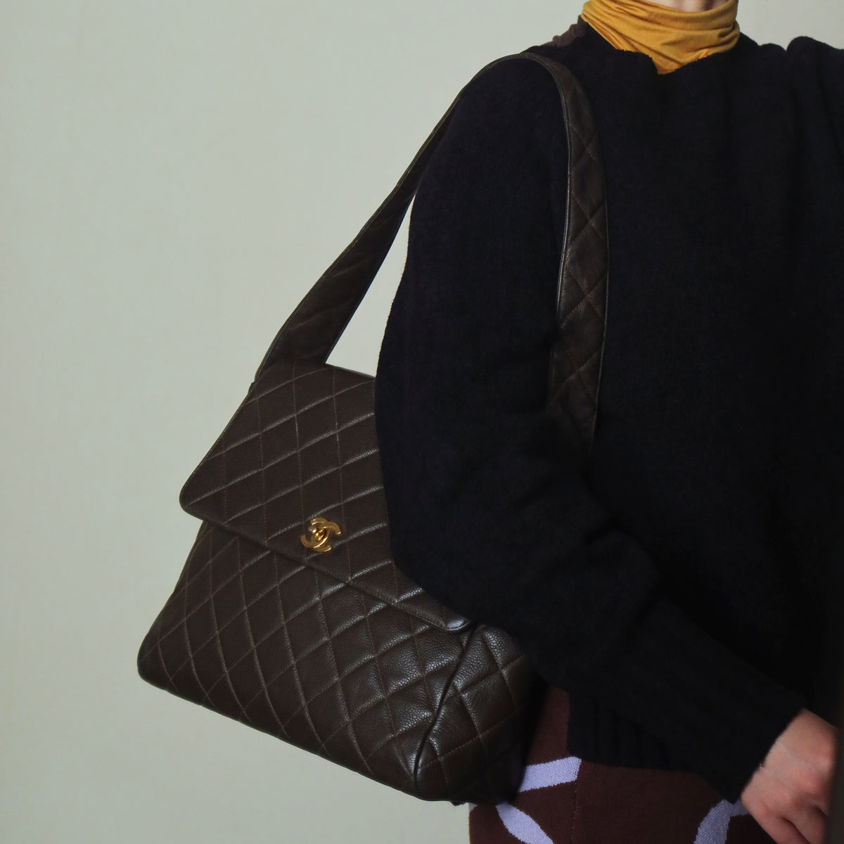 Vintage Chanel Dark Brown Caviar Leather Quilted CC turn lock Shoulder Flap Bag