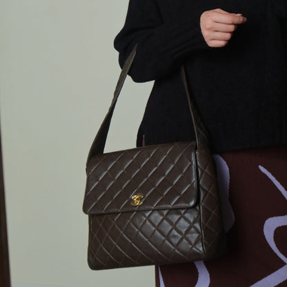 Vintage Chanel Dark Brown Caviar Leather Quilted CC turn lock Shoulder Flap Bag