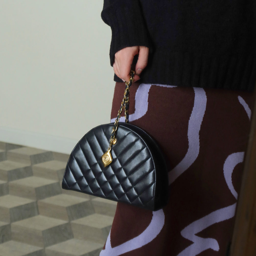 Chanel Vintage Black Lambskin Matelasse Quilted Half Moon Shoulder Bag