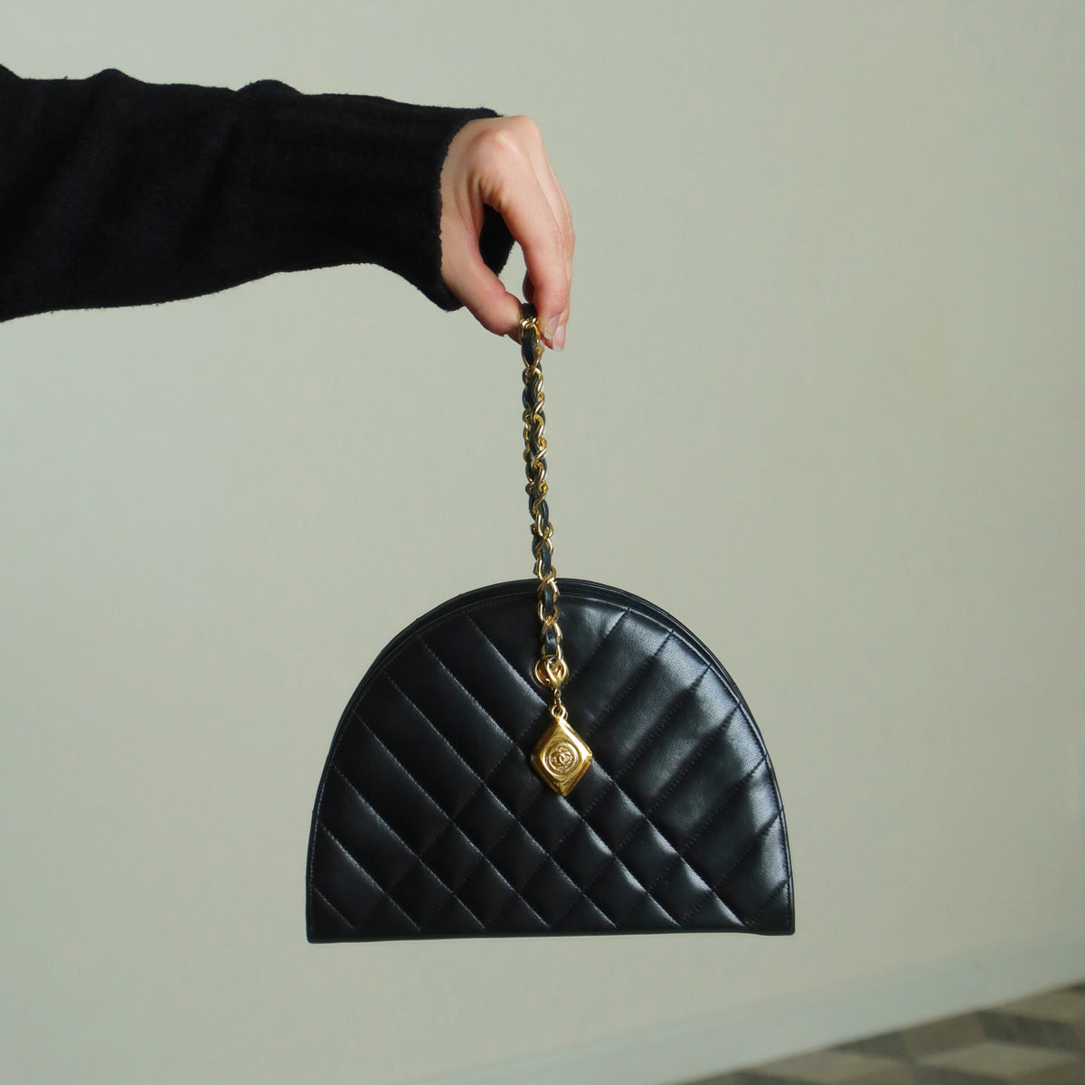 Chanel Vintage Black Lambskin Matelasse Quilted Half Moon Shoulder Bag