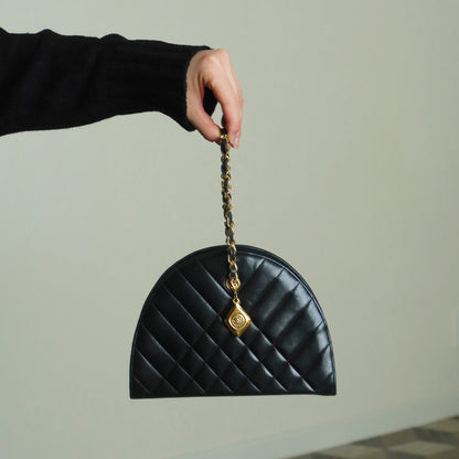 Chanel Vintage Black Lambskin Matelasse Quilted Half Moon Shoulder Bag
