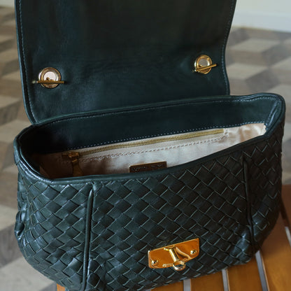 Bottega Veneta Vintage Alpi Green Intrecciato Gold Turn lock Braided Strap Shoulder Crossbody Bag