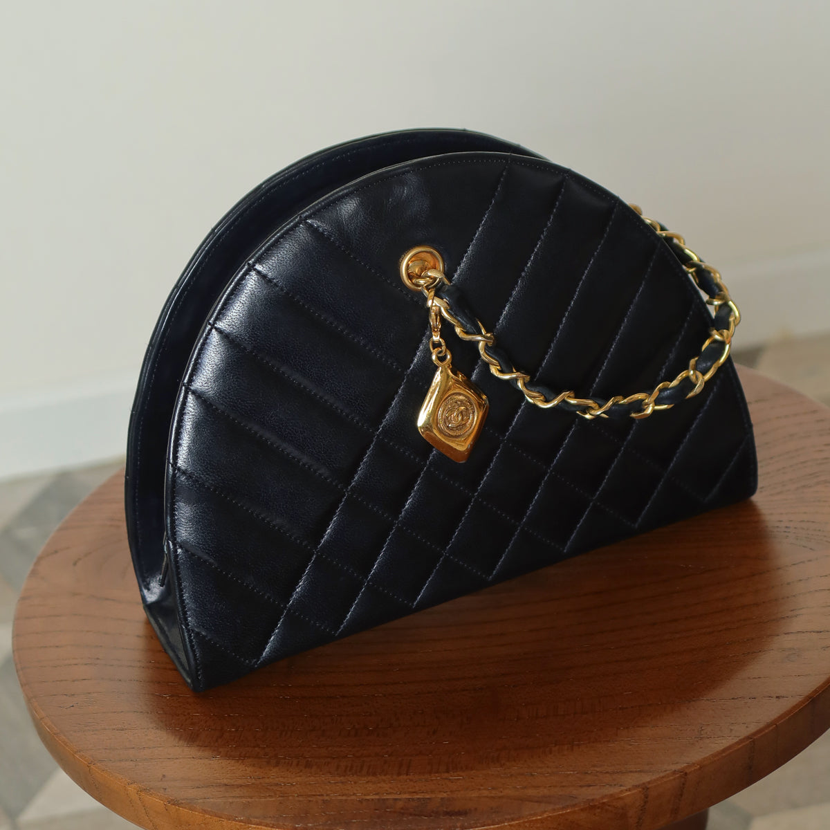 Chanel Vintage Black Lambskin Matelasse Quilted Half Moon Shoulder Bag