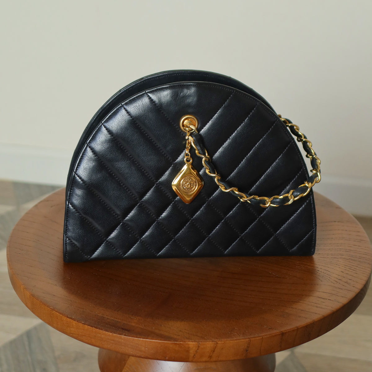 Chanel Vintage Black Lambskin Matelasse Quilted Half Moon Shoulder Bag